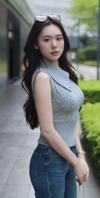 高腰牛仔搭配翻领针织背心，适合路边拍照，出片好看，显瘦显身材